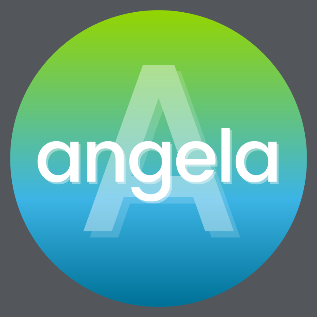 A circular logo with a green and blue gradient background and the word “angela” in white lowercase letters in the center.