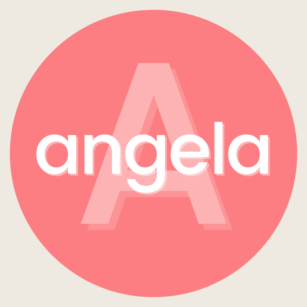 A circular logo with a pink background and the word "angela" in white lowercase letters in the center.