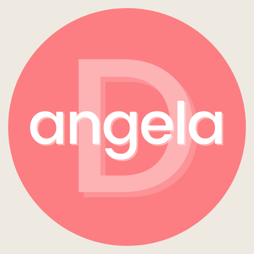 A circular logo with a pink background and the word "angela" in white lowercase letters in the center.