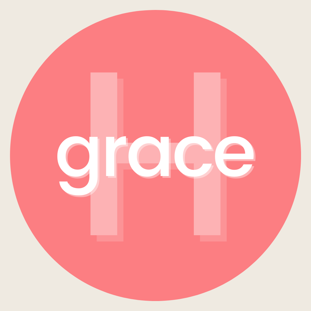 A circular logo with a pink background and the word "grace" in white lowercase letters in the center.