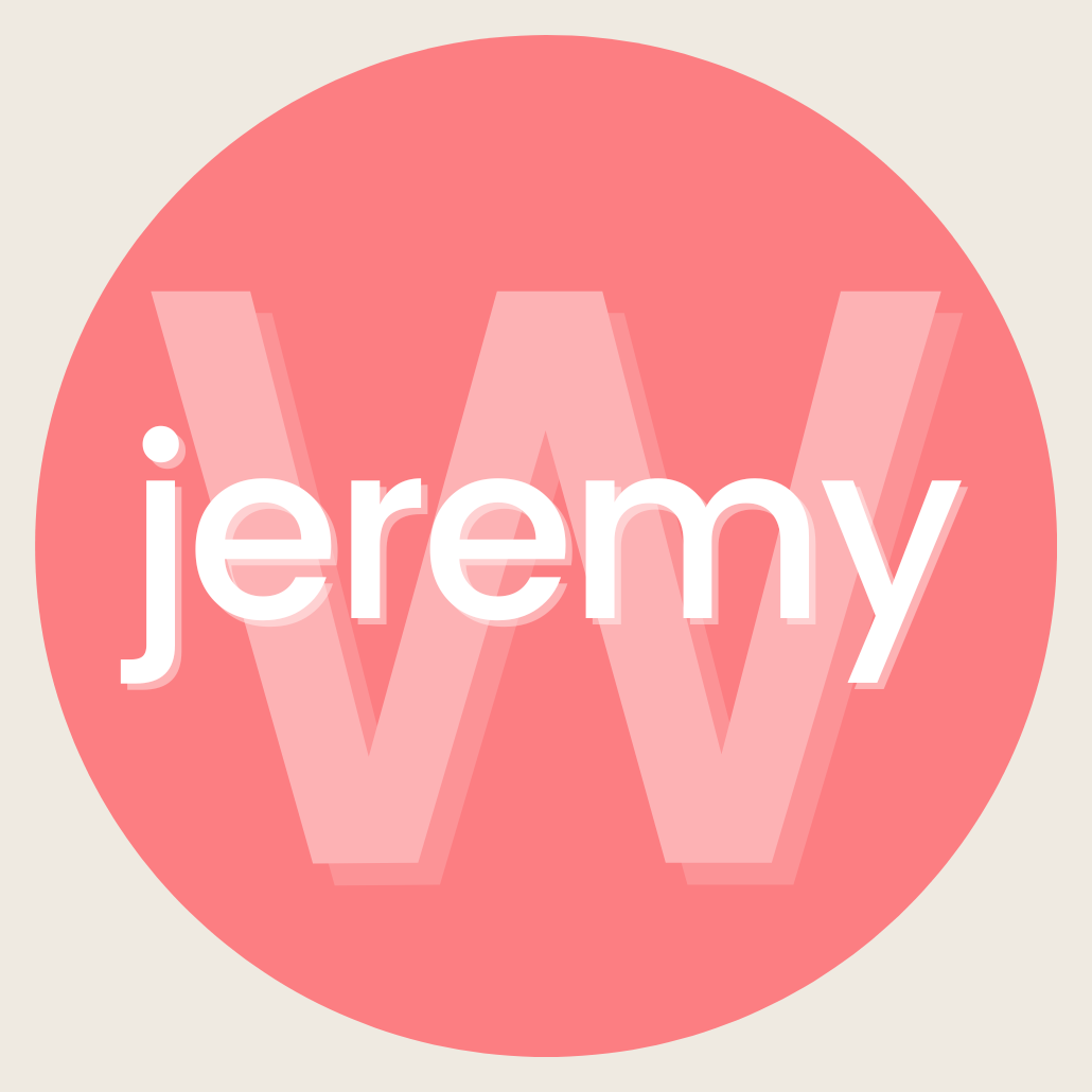 A circular logo with a pink background and the word "jeremy" in white lowercase letters in the center.