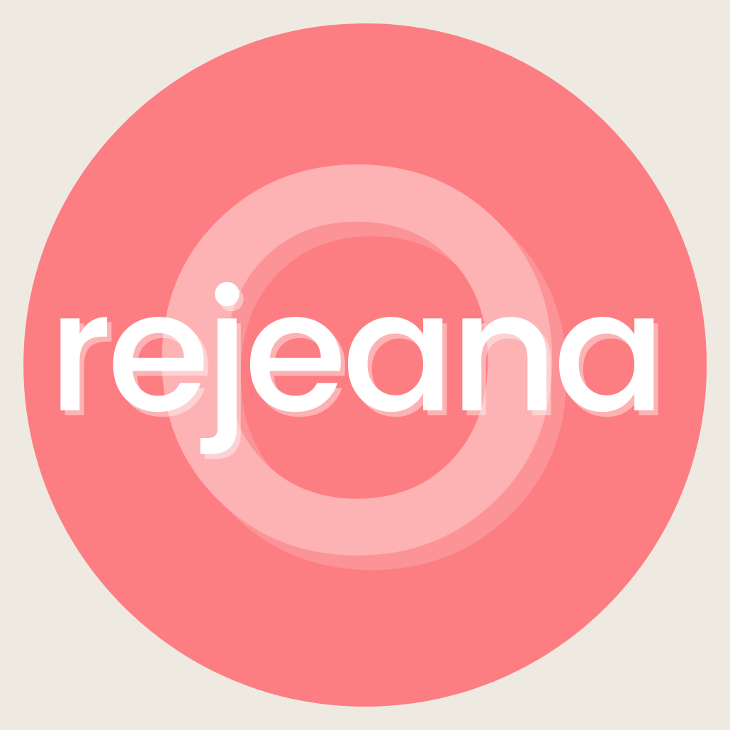 A circular logo with a pink background and the word "rejeana" in white lowercase letters in the center.