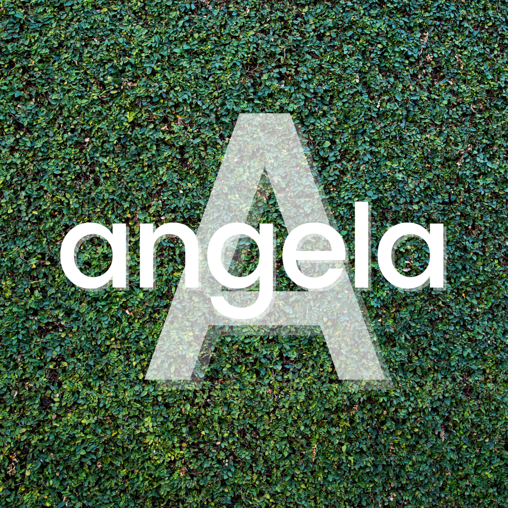  The name "angela" spelled out in white text against a larger "A" and a background of dark green ivy.