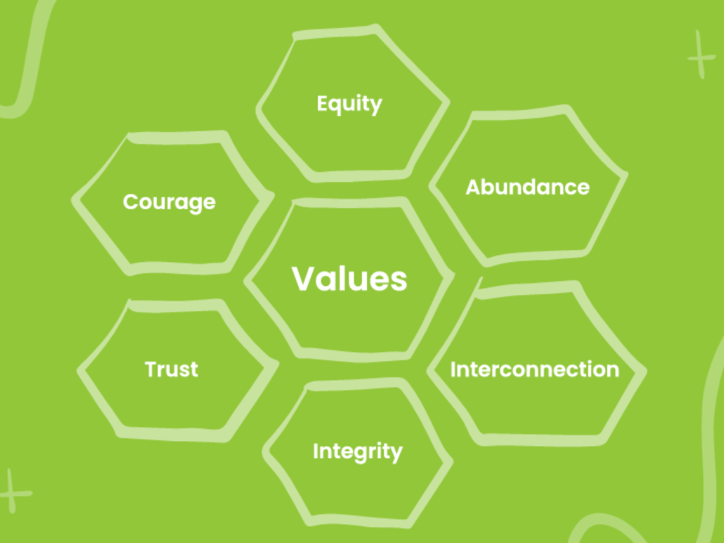 Green graphic displaying OCJ’s value: Equity, Courage, Trust, Integrity, Interconnection, and Abundance surrounding the word 'Values' in the center.