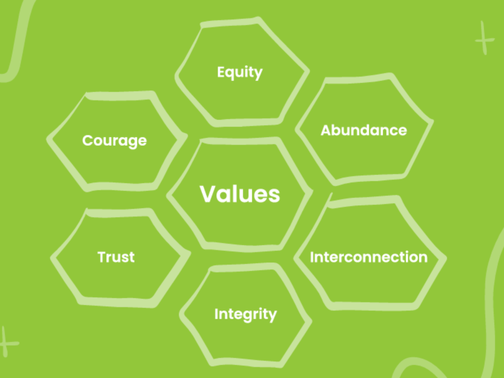 Green graphic displaying OCJ’s value: Equity, Courage, Trust, Integrity, Interconnection, and Abundance surrounding the word 'Values' in the center.