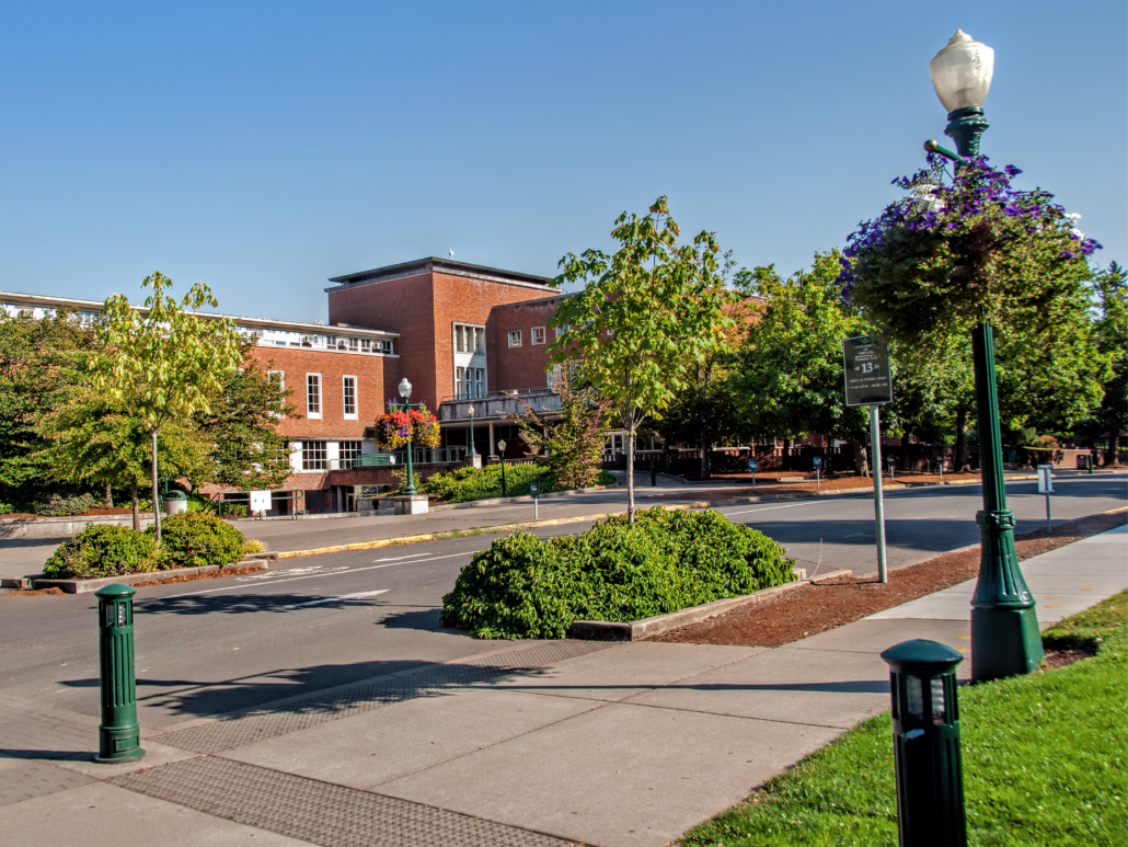 An empty campus at the University of Oregon. Outside the Erb Memorial Building.