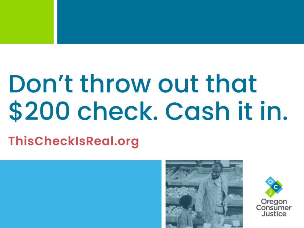 Graphic with text: 'Don't throw out that $200 check. Cash it in. ThisCheckIsReal.org' and an image of people shopping.