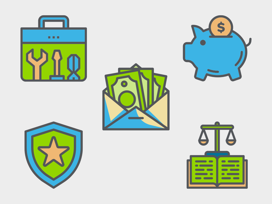 Colorful icons representing tools, money, shield, scale, and a piggy bank.