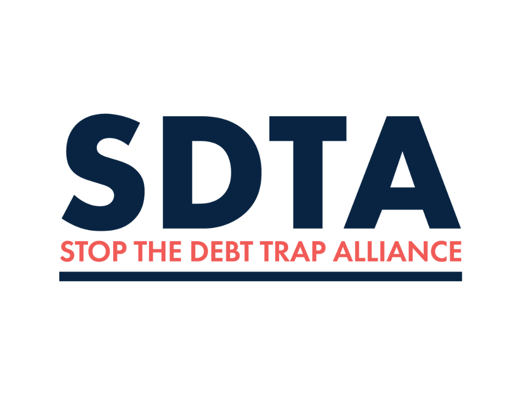 Logo for Stop the Debt Trap Alliance with bold letters.