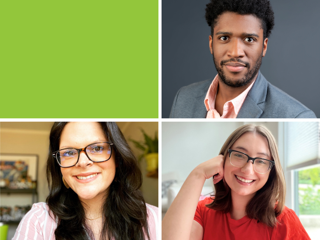 Photo collage of three interns: Max is in a suit with a pink shirt, Alyssa is wearing glasses in an indoor setting, and Megan is in a red shirt, wearing glasses and resting her head on her hand.