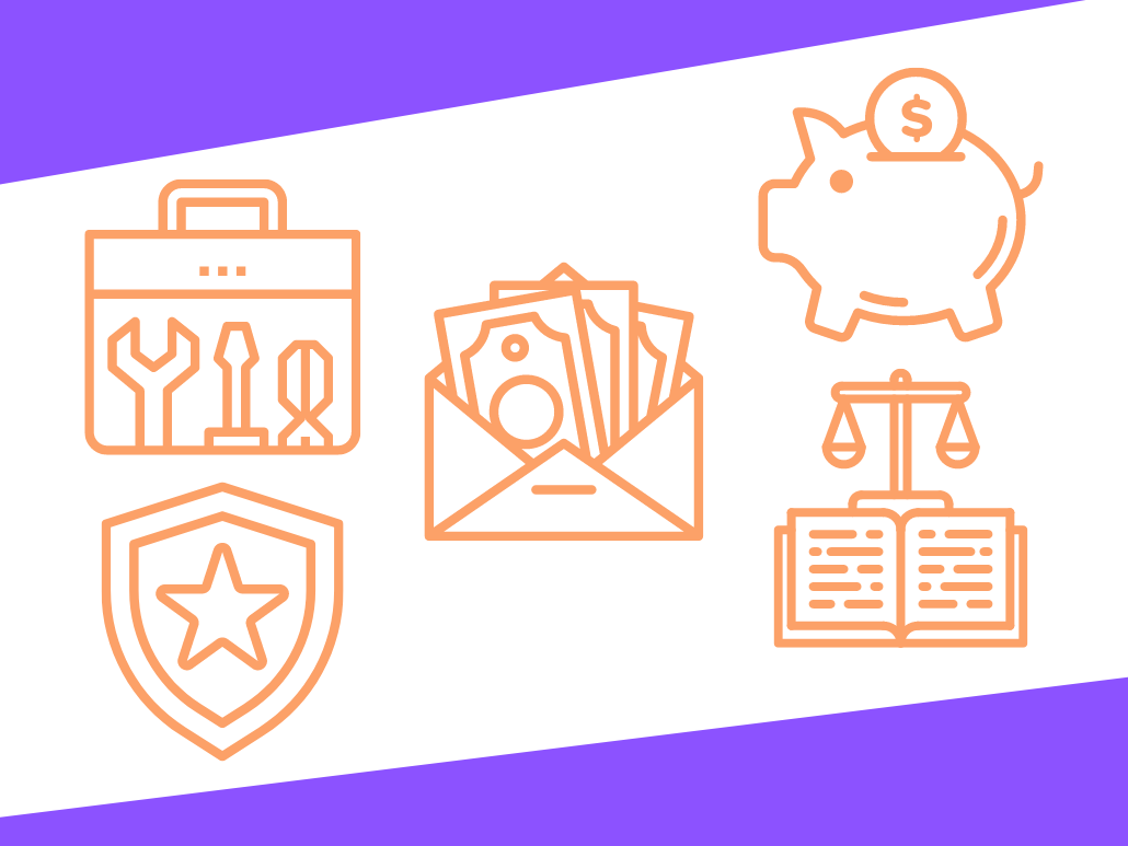 Icons representing tools, money, a piggy bank, a shield, and legal scales.