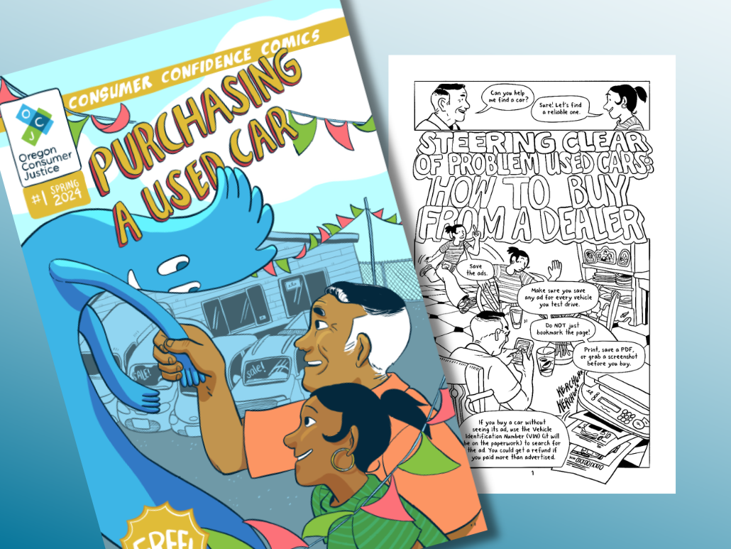 Comic book cover titled 'Purchasing a Used Car' and an interior page, featuring colorful illustrations of characters buying a car.