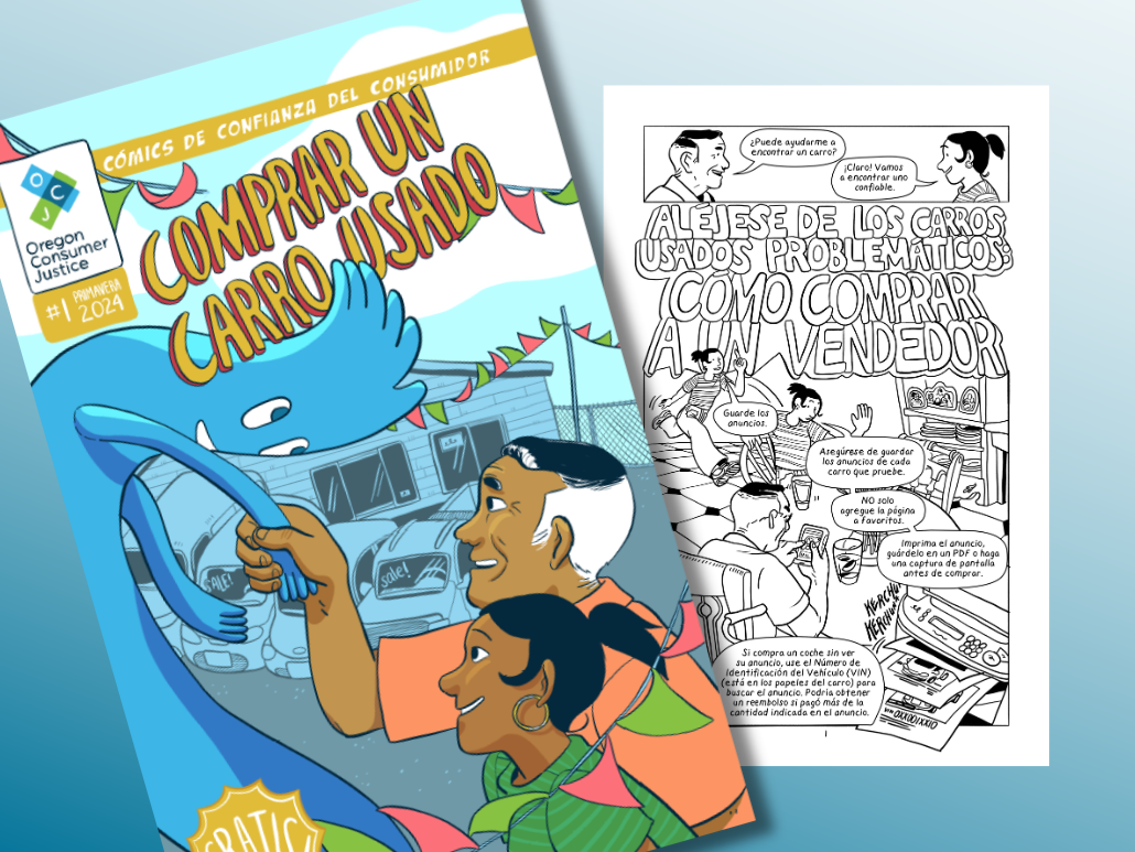 Comic book cover titled 'Comprar un Carro Usado' and an interior page, featuring colorful illustrations of characters buying a car.