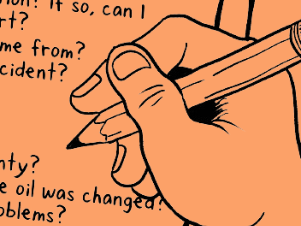 Illustration of a hand holding a pencil, writing a checklist with various questions related to buying a used car.