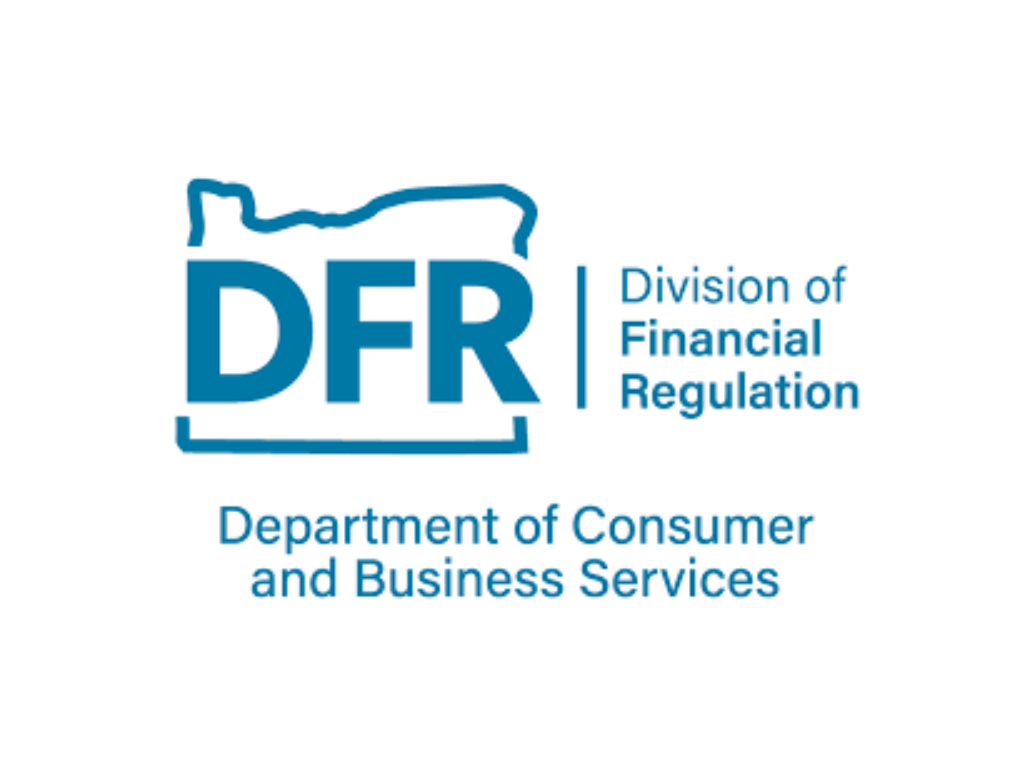 Division of Financial Regulation logo, featuring the letters 'DFR' with an outline of the state of Oregon above and text reading 'Department of Consumer and Business Services.