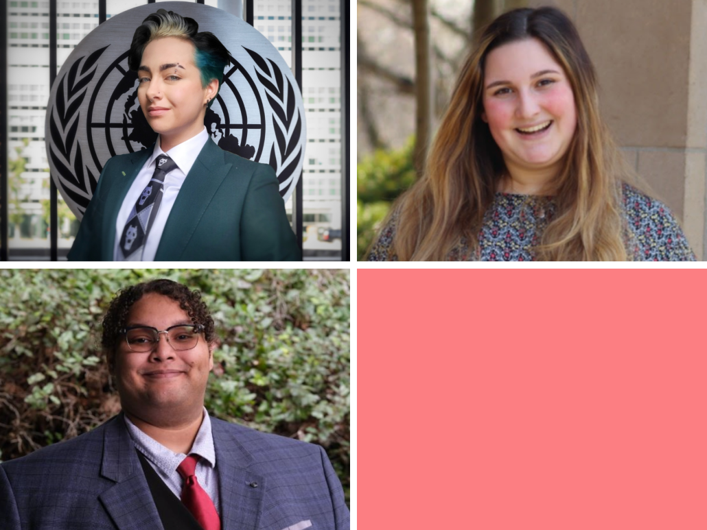 Photo collage of three fall interns: Felix is in front of a UN symbol, Kat is smiling outdoors, and Nik is in a suit with a red tie.