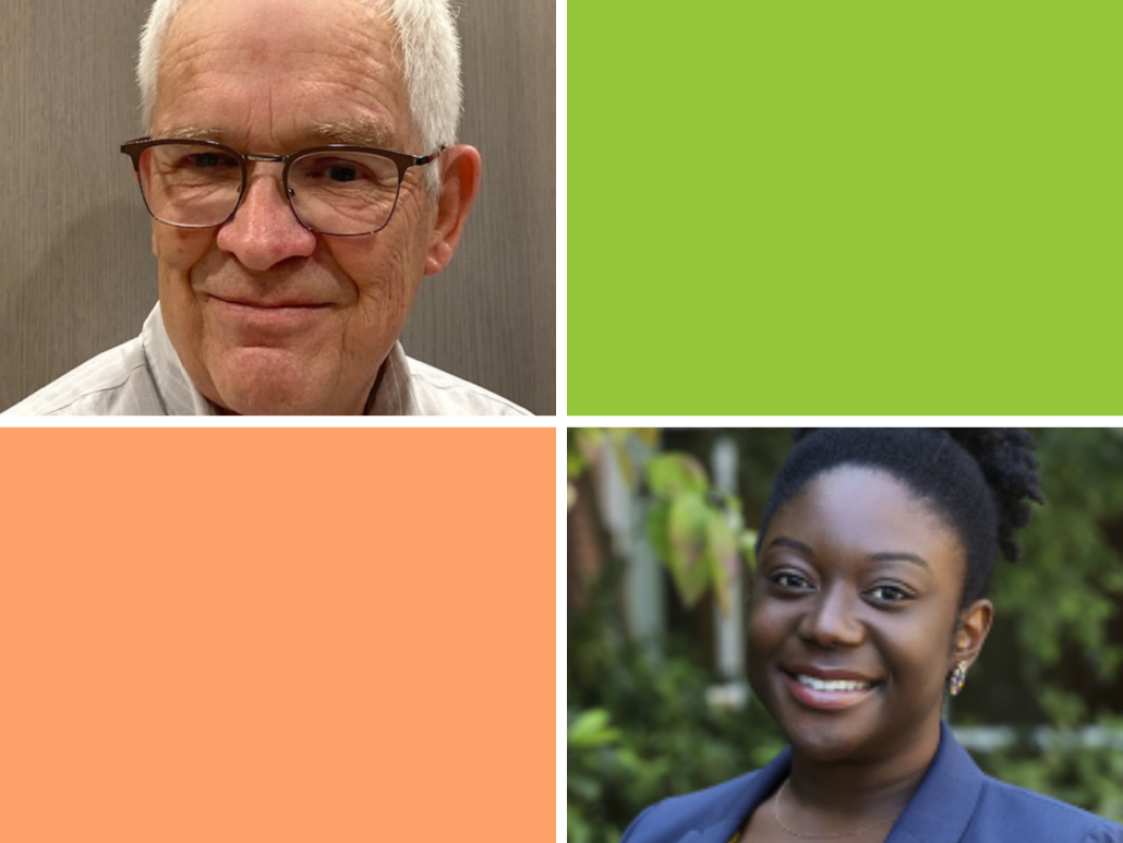 A close-up portrait of Angela, smiling with a blurred green foliage background and A close-up portrait of Dick, an older man with glasses, smiling with a neutral background.