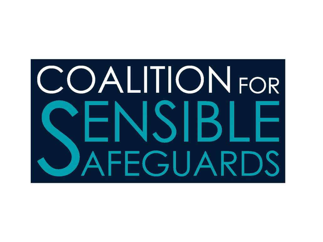 Coalition for Sensible Safeguards logo, made up of the words in white and blue on a dark background.