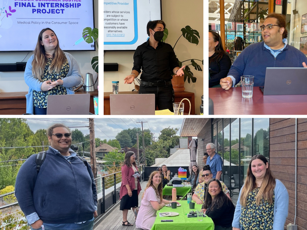 Collage de pasantes de políticas y derecho del verano de 2024 del OCJ presentando proyectos finales, fotos grupales en un balcón y fotografías individuales.