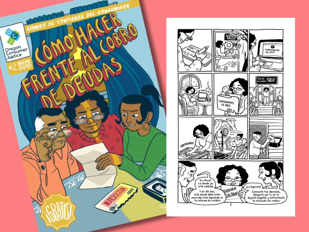 Comic book cover titled 'Cómo hacer frente al cobro de deudas’ and an interior page, illustrations of character paying off their debt over a year.