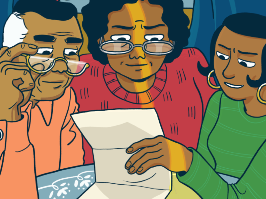 Cover graphic from OCJ’s comic book on dealing with debt collection featuring an older adult, a parent, and youth reviewing a bill together. 