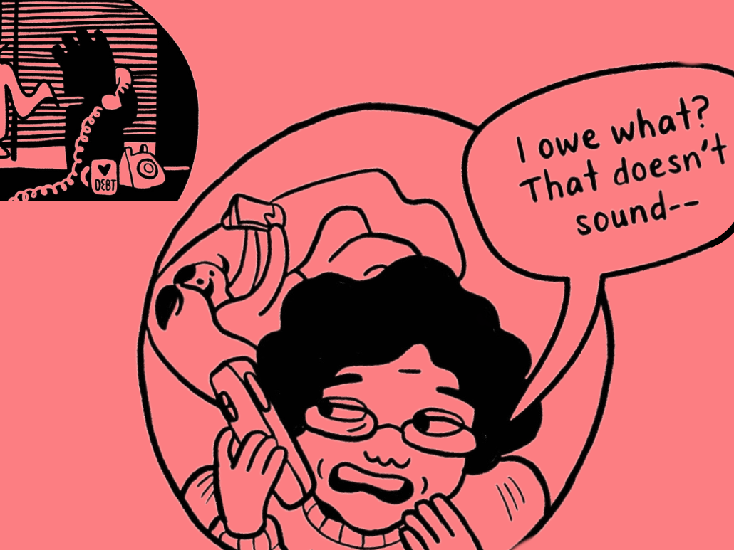 An illustration of a person talking to a debt collector on the phone.