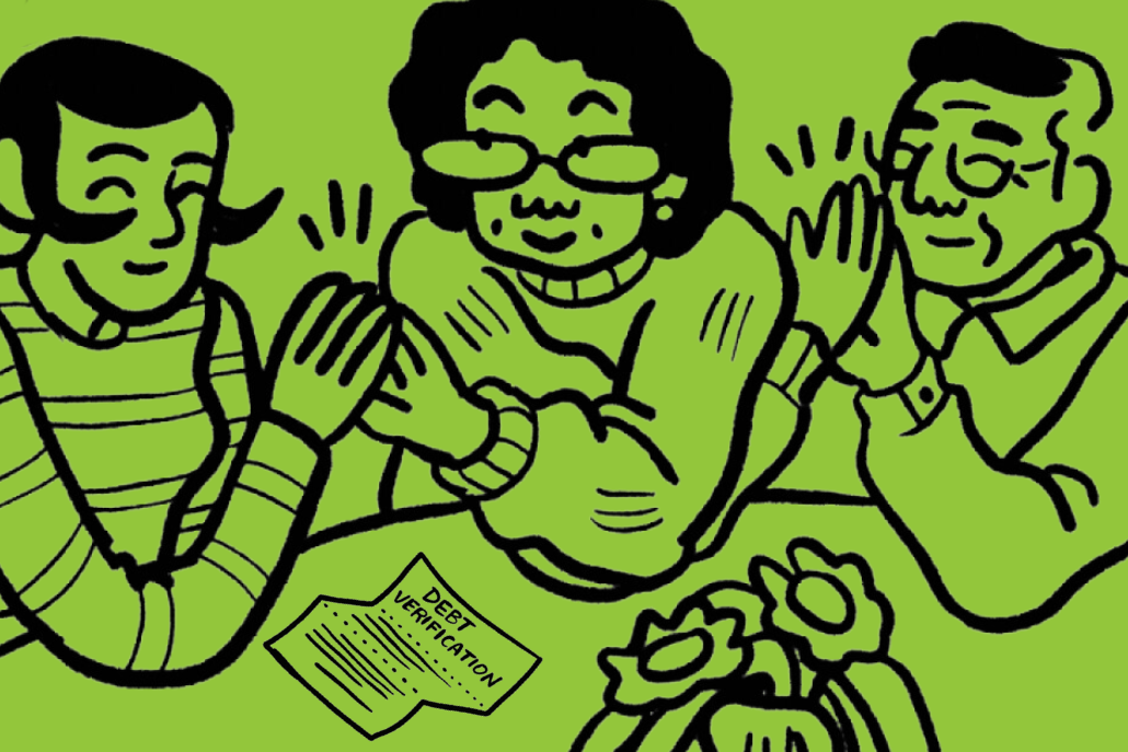 An illustration of three people giving each other high-fives. There is a piece of paper on the table in front of them that says " debt verification."