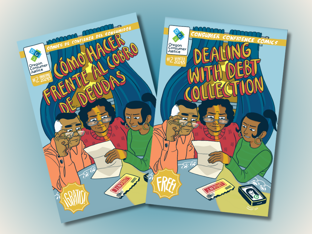 Two comic book covers titled 'Dealing with Debt Collection,' and 'Como Hacer Frente Al Cobro De Deudas' featuring colorful illustrations of characters sitting at a table examining a piece of paper.