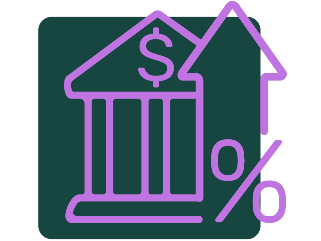 Dark green field with bright purple iconography of a bank with a dollar sign and an arrow pointing up in the foreground. 