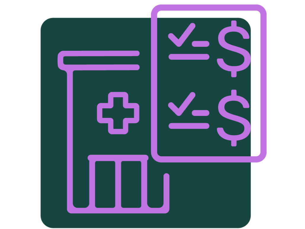 Dark green field with bright purple iconography of a hospital and a medical bill in the foreground. 