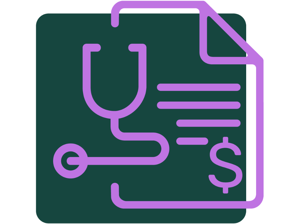 Dark green field with bright purple iconography of a stethoscope and a medical bill in the foreground. 