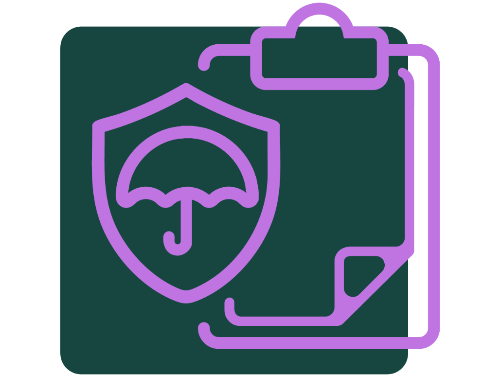 Dark green field with bright purple iconography of an umbrella inside a shield and a clipboard in the foreground. 