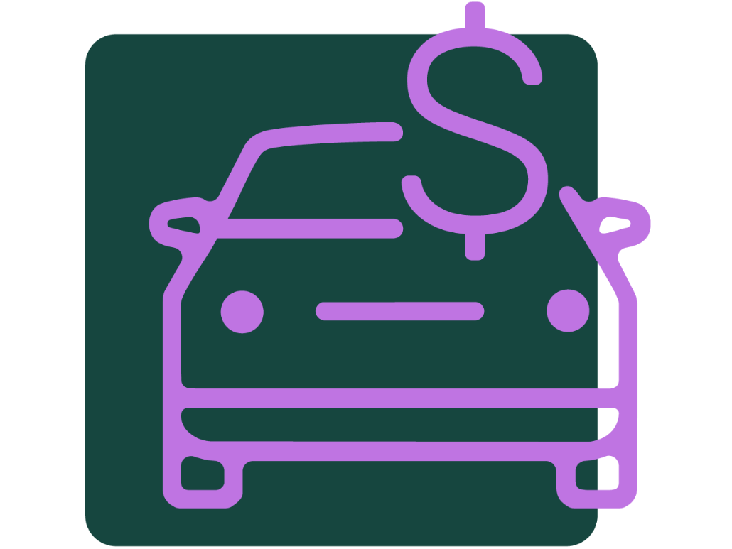 Dark green field with bright purple iconography of a car and a dollar sign in the foreground. 