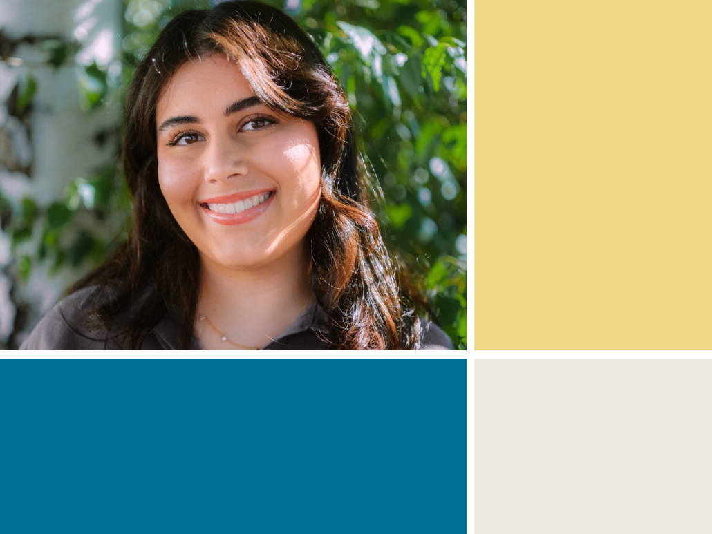 Collage with a headshot of Anali, an OCJ Law summer intern, and three colorful squares (one, blue, one beige, and one yellow.)