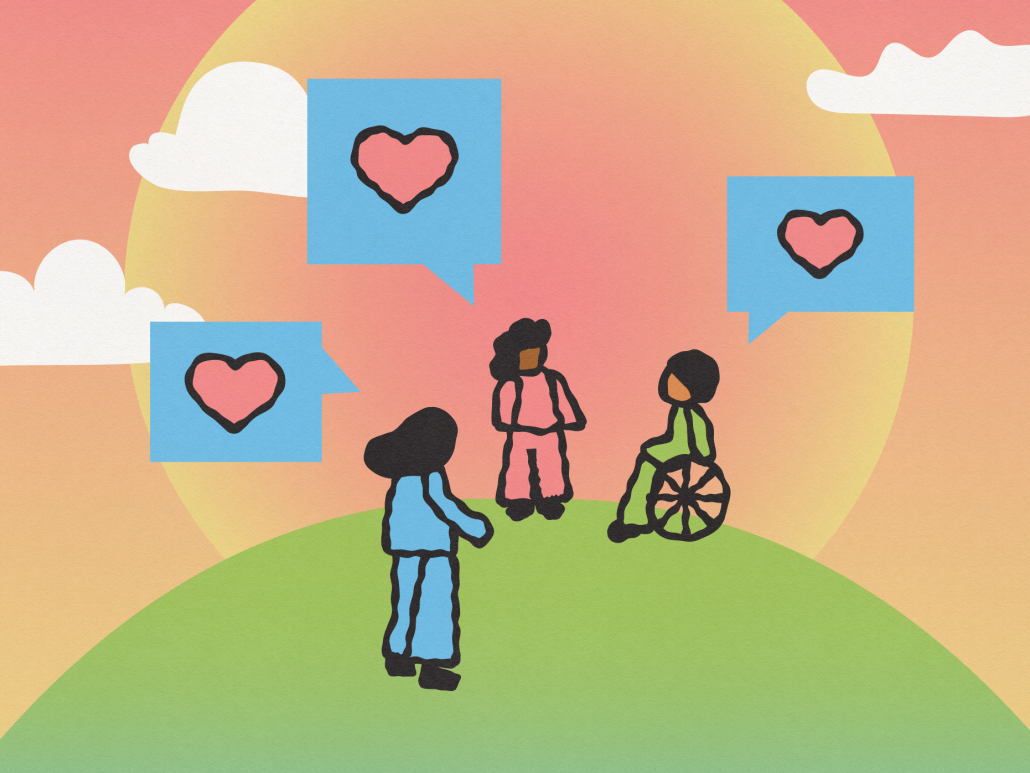Abstracted people in community on a hill with conversation bubbles with hearts in each.