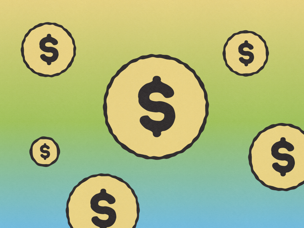 Circles of various sizes with dollar symbols inside each, on a blue-green-yellow gradient background.