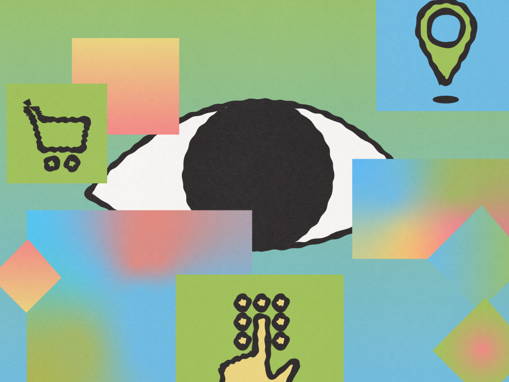 An eye looking out at various pieces of abstracted data (shopping cart, location, and pin pad icons).