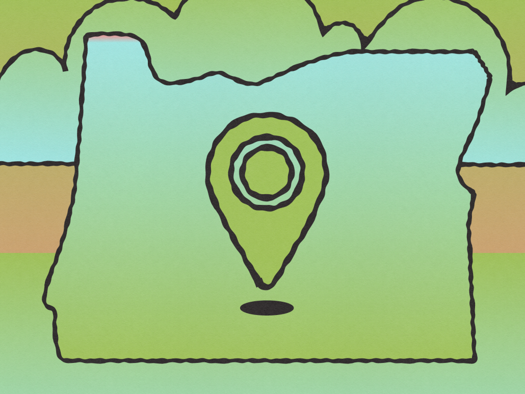 Shape of the state of Oregon with a location icon inside on a gradient field of blue-orange-green.