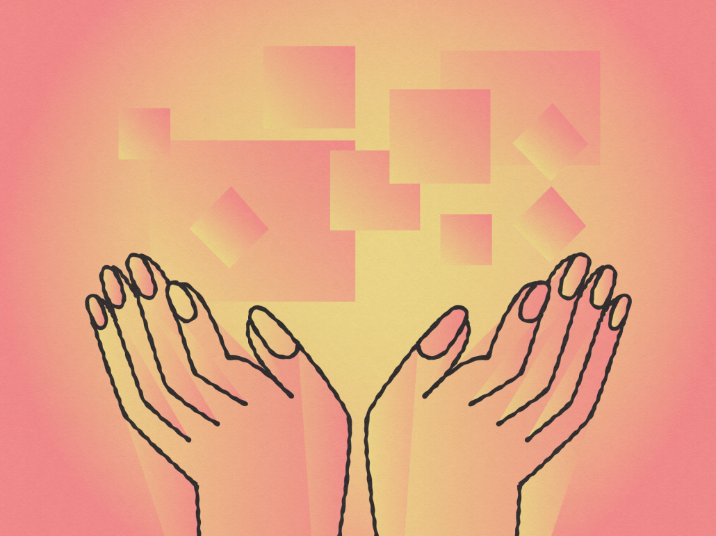 Dos manos que se abren a un fondo degradado de color rosa, amarillo y naranja con cuadrados que sugieren datos.
