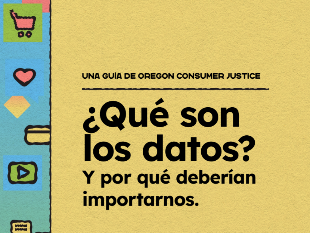 A yellow text box with the Spanish title of a data privacy guide. Colorful illustrations of a shopping cart, heart, credit card, and other icons are at the left of the text box.