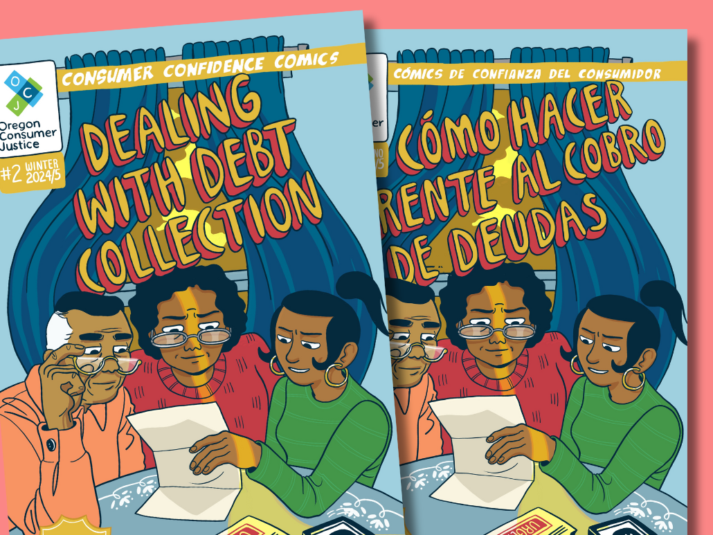 Covers of our dealing with debt collection comic book in both English and Spanish