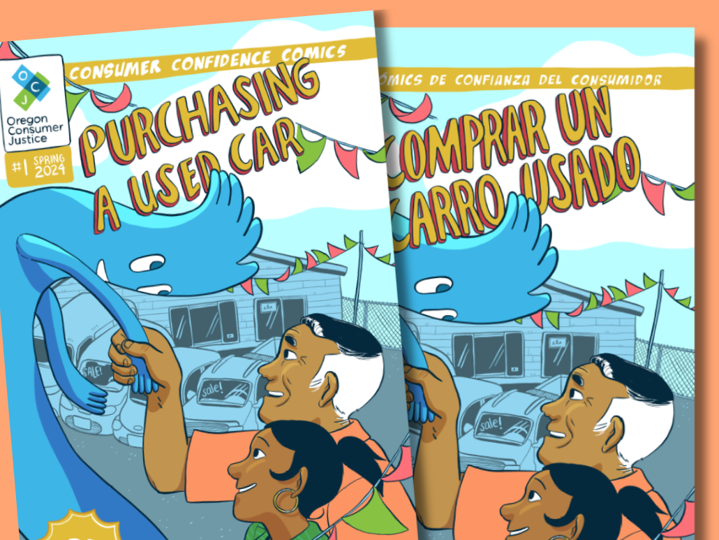 Covers of our purchasing a used car comic book in both English and Spanish