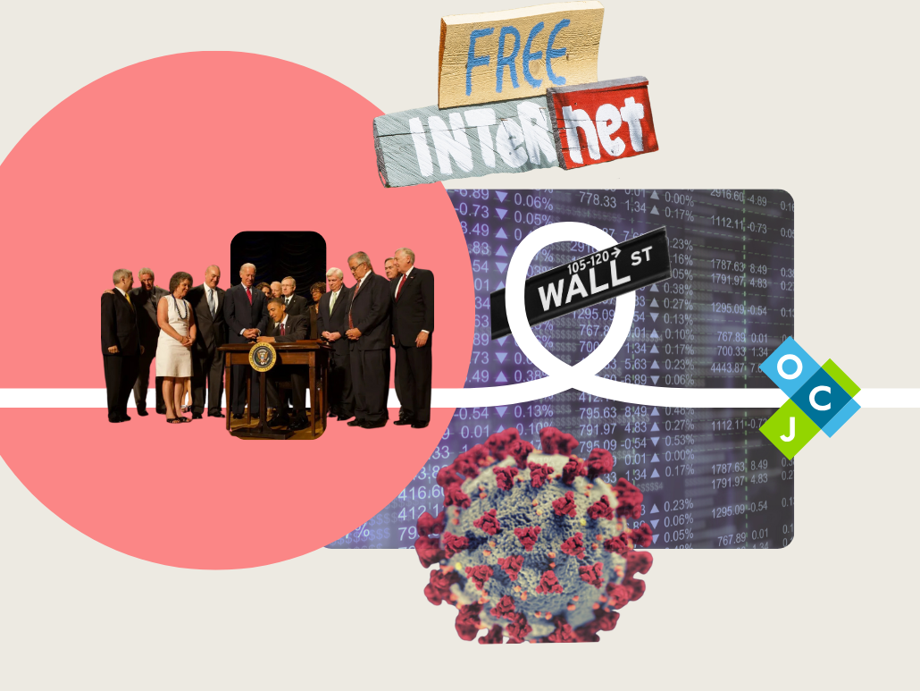 A collage of President Obama signing legislation,. a wooden sign and a street sign for Wall St. Below is a picture of the COVID-19 virus.