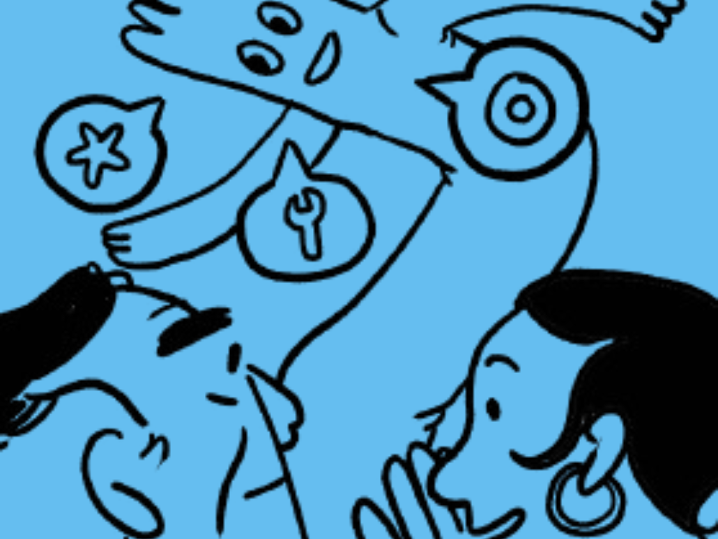 Illustration on a light blue background of two comic book characters in conversation