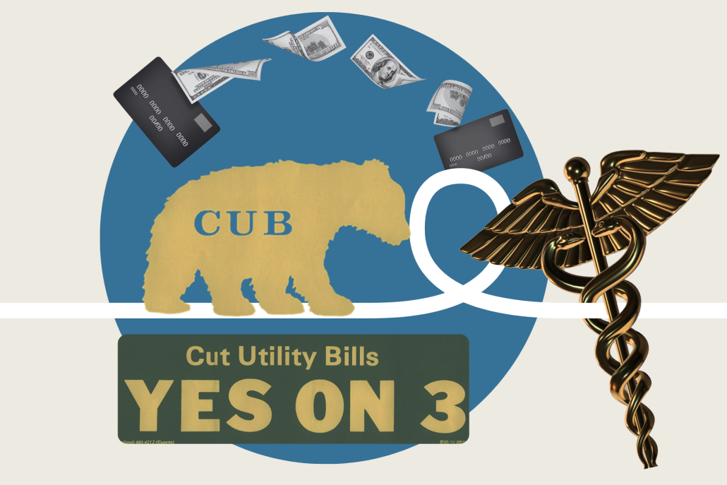 A square collage with the medical symbol, credit cards, money and a bumper sticker from the Oregon Citizen's Utility Board.