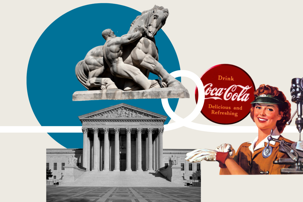 A square collage with the Supreme Court In Washington D.C., a statute outside of he FTC building and a Coco-Cola ad from 1944.