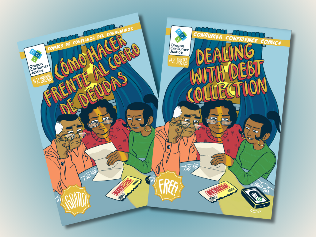 A rectangle with the covers of the English and Spanish versions of OCJ's consumer comic #2