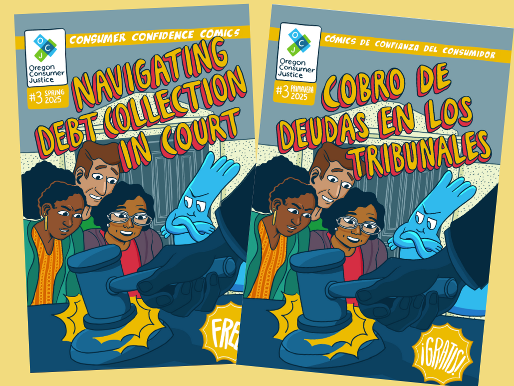 A yellow rectangle with the cover pagers in English and Spanish of OCJ's Consumer Confidence Comic #3