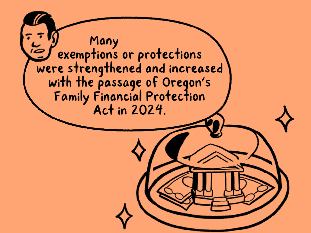 A orange rectangle with a scene from the comic showing a lawyer talking the Family Financial Protection Act.