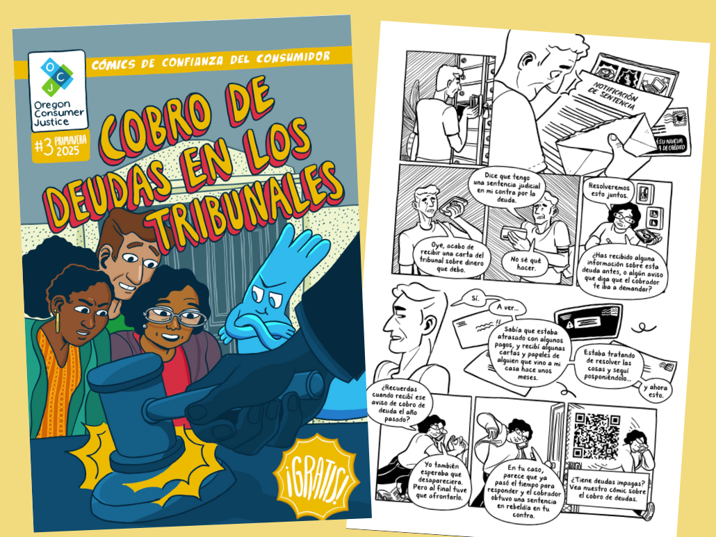 A rectangle showing two pages from the Spanish version of OCJ Consumer Comic #3.